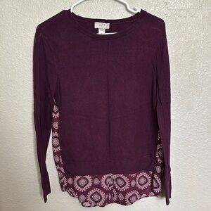 LOFT Women's Plum Long Sleeve Top with Patterned Hem